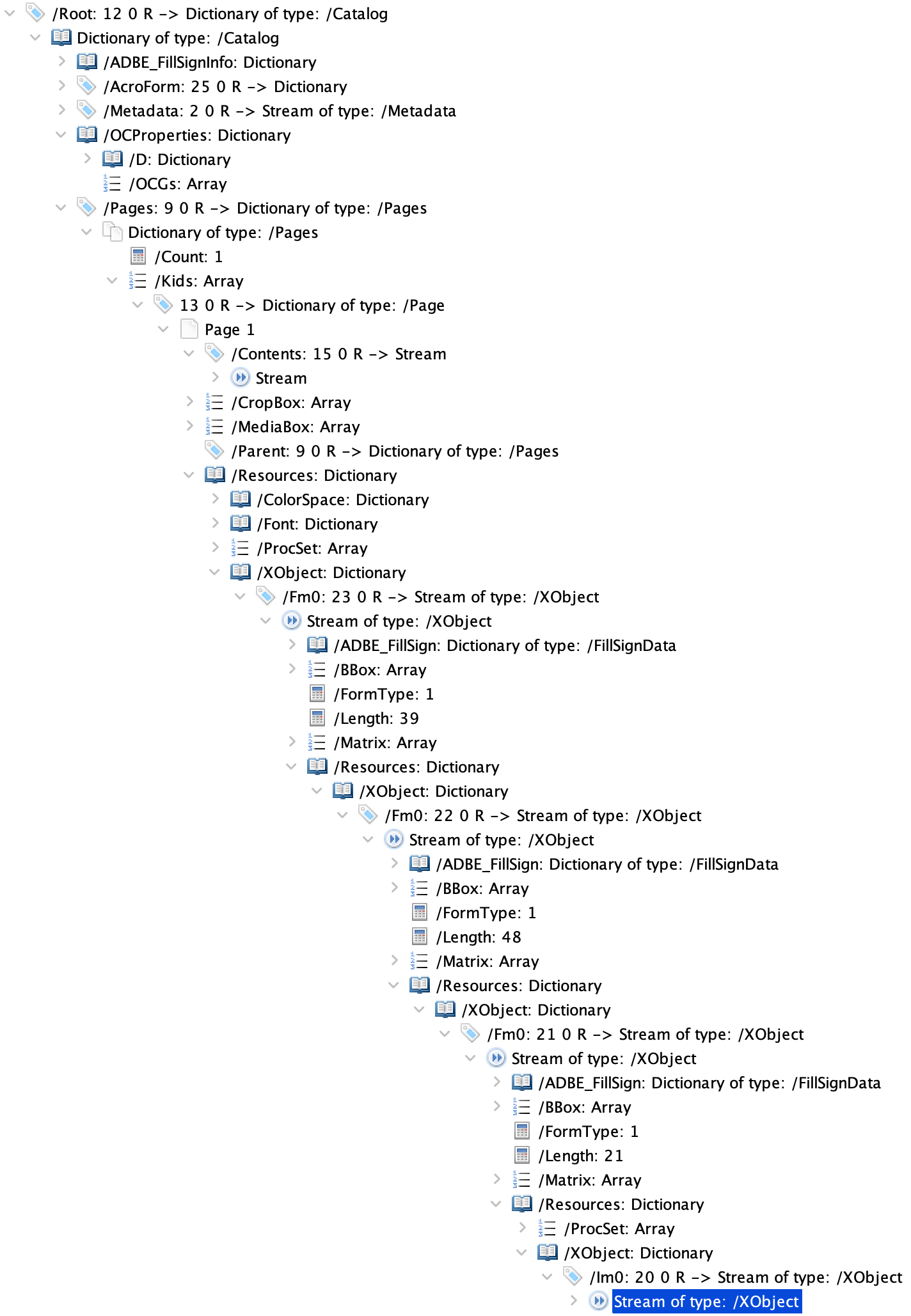 Hierarchical tree structure of the PDF signed with Acrobat, showing complex AcroForm structure.