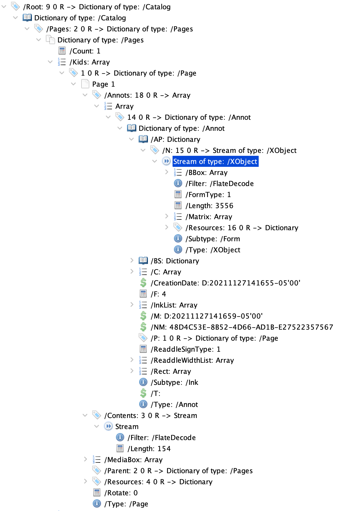 Hierarchical tree structure of the PDF signed with PDF Expert, showing the added signature annotation.